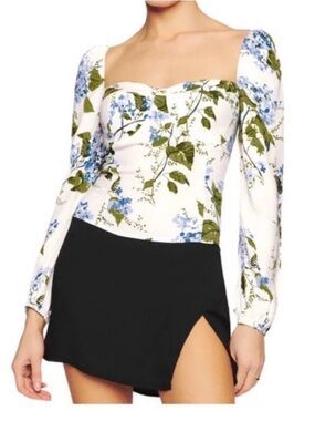 Reformation Reign Floral Long Sleeve Top Size 12 Blue White Smocked